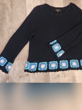 Joseph Navy Crewneck Sweater with Blue Crochet Accent